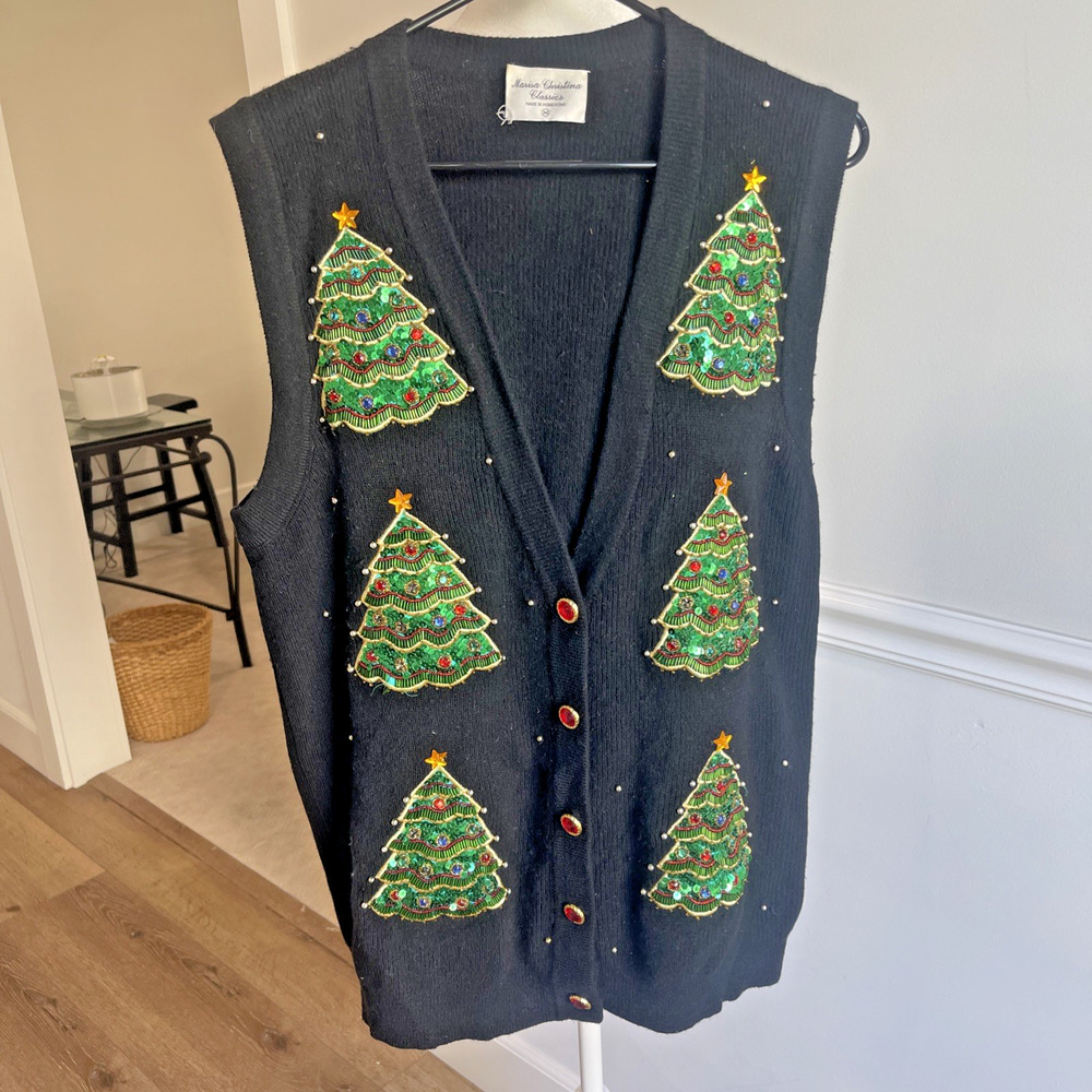 Vintage Christmas VEST Christmas Trees Lambswool Angora Sequins Sz M V Neck FLAW